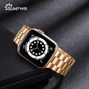 SUNFWR Compatible with Apple Watch Band 45mm 44mm 42mm for Men Women, Stainless Steel Metal iWatch Band with Case for Apple Watch Series 8/7/6/5/4/3/2/1/SE/SE2 (Rose Gold, 42mm/44mm/45mm)