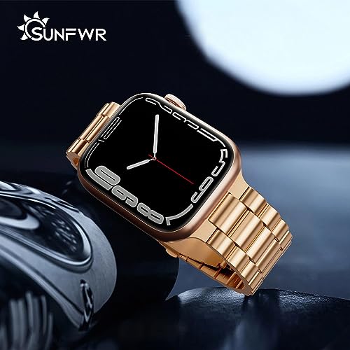 SUNFWR Compatible with Apple Watch Band 45mm 44mm 42mm for Men Women, Stainless Steel Metal iWatch Band with Case for Apple Watch Series 8/7/6/5/4/3/2/1/SE/SE2 (Rose Gold, 42mm/44mm/45mm)