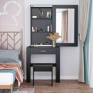 mixtavie vanity desk with sliding mirror & stool, makeup vanity with storage shelves & drawer & chair, vanity table set for bedroom, black