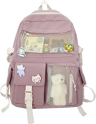 JitEm Kids Backpacks for Girls, Kawaii Backpack, Cute Bear Plush Pin Accessories Aesthetic School Bag for College Middle for Girls Teen (Pink)