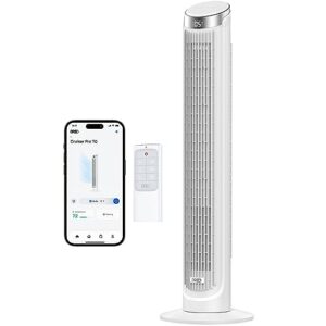 dreo smart tower fans that blow cold air, standing fan for bedroom, 90° oscillating, 26ft/s velocity quiet floor fan with remote, 8h timer, voice control bladeless fans for indoors, works with alexa, white