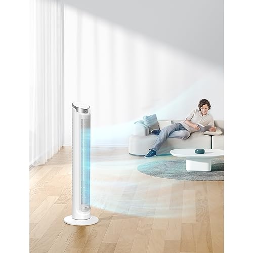 Dreo Smart Tower Fans that Blow Cold Air, Standing Fan for Bedroom, 90° Oscillating, 26ft/s Velocity Quiet Floor Fan with Remote, 8H Timer, Voice Control Bladeless Fans for Indoors, Works with Alexa, White