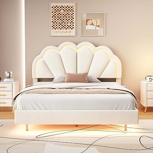 Novaris Full Size Velvet Upholstered Platform Bed Frame with Elegant Flowers Headboard, Modern Floating Platform Bed with Smart LED/Wooden Slats Support/Easy Assemble for Bedroom Girls, Beige