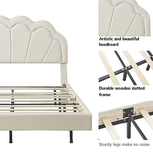 Novaris Full Size Velvet Upholstered Platform Bed Frame with Elegant Flowers Headboard, Modern Floating Platform Bed with Smart LED/Wooden Slats Support/Easy Assemble for Bedroom Girls, Beige