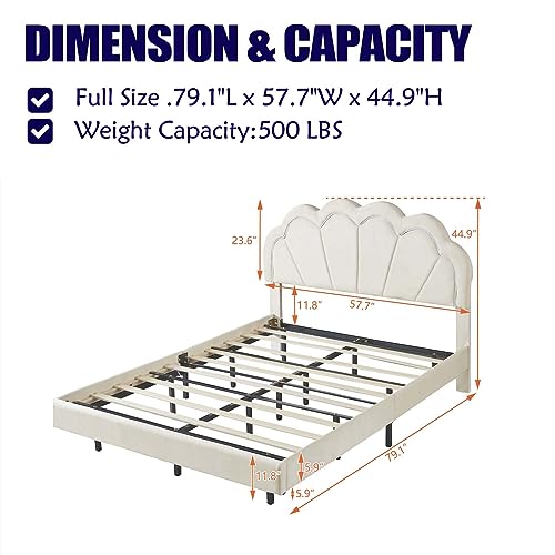 Novaris Full Size Velvet Upholstered Platform Bed Frame with Elegant Flowers Headboard, Modern Floating Platform Bed with Smart LED/Wooden Slats Support/Easy Assemble for Bedroom Girls, Beige