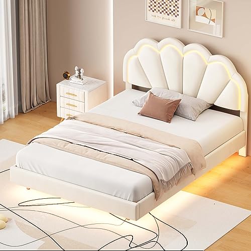 Novaris Full Size Velvet Upholstered Platform Bed Frame with Elegant Flowers Headboard, Modern Floating Platform Bed with Smart LED/Wooden Slats Support/Easy Assemble for Bedroom Girls, Beige