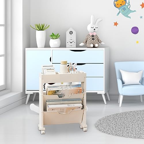 Rolling Carts with Wheels, Desk Organizers,3-Layer Rolling Utility Car,Multifunctional Mobile Bookshelf with Lockable Casters,Rolling Cart for Teachers,Learning, Office, Kitchen (A Grey)