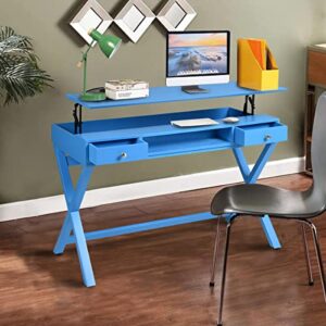 AVGVLIJ Lift Desk with 2 Drawer Storage, Computer Desk with Lift Table Top, Adjustable Height Home Study Writing Table Desk for Office, Home, Living Room (Blue)