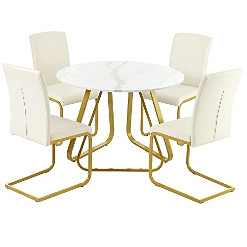 OPTOUGH 5-Piece Set with Faux Marble Table and Four Chairs with Metal Legs for Dining, Kitchen and Living Room,White