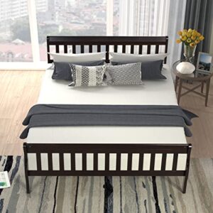 optough queen size pine wood platform bed frame with headboard simple design, suitable for teenagers, adults, espresso