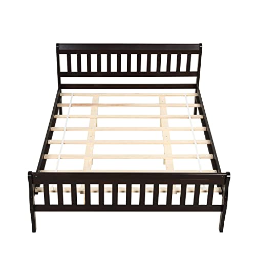 OPTOUGH Queen Size Pine Wood Platform Bed Frame with Headboard Simple Design, Suitable for Teenagers, Adults, Espresso