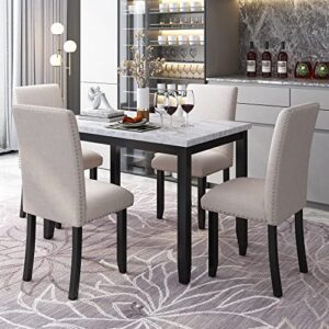 optough 5 piece faux marble dining set, include 1 fauxmarble table and 4 thicken cushion chairs for four, breakfast nook, bar, living room, home, white/beige+black