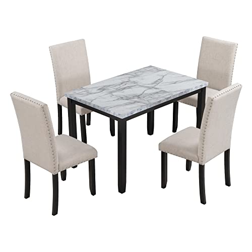 OPTOUGH 5 Piece Faux Marble Dining Set, Include 1 Fauxmarble Table and 4 Thicken Cushion Chairs for Four, Breakfast Nook, Bar, Living Room, Home, White/Beige+Black