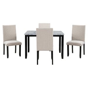 OPTOUGH 5 Piece Faux Marble Dining Set, Include 1 Fauxmarble Table and 4 Thicken Cushion Chairs for Four, Breakfast Nook, Bar, Living Room, Home, White/Beige+Black