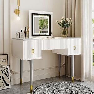 melpomene vanity desk set with led lighted mirror & led light,makeup vanity table set with 2 drawers,white and gray