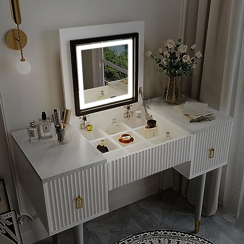 Melpomene Vanity Desk Set with LED Lighted Mirror & LED Light,Makeup Vanity Table Set with 2 Drawers,White and Gray