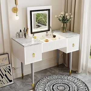 Melpomene Vanity Desk Set with LED Lighted Mirror & LED Light,Makeup Vanity Table Set with 2 Drawers,White and Gray