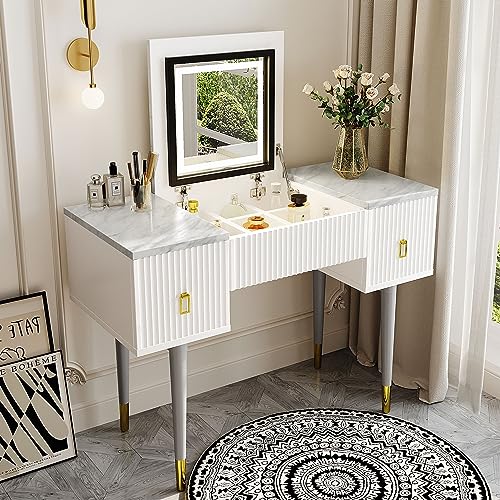 Melpomene Vanity Desk Set with LED Lighted Mirror & LED Light,Makeup Vanity Table Set with 2 Drawers,White and Gray