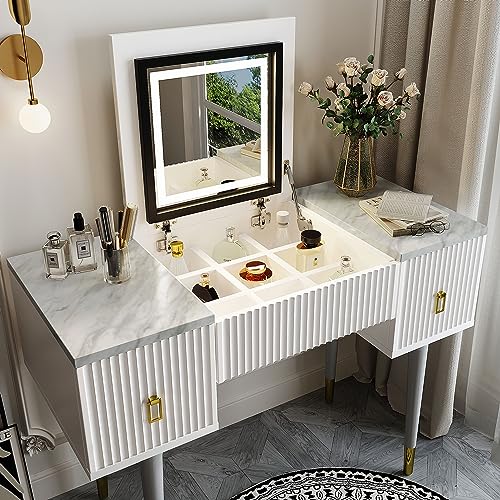 Melpomene Vanity Desk Set with LED Lighted Mirror & LED Light,Makeup Vanity Table Set with 2 Drawers,White and Gray
