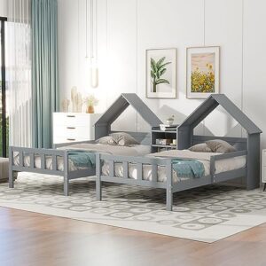 twin size double shared platform bed 2-in-1 panel bed w/house shape headboard & footboard for teen,rustic country wooden bedframe mattress foundation w/built-in nightstand & slats for boy girl (grey)