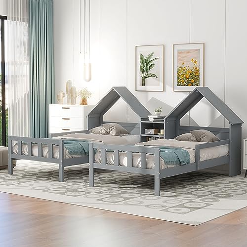 Twin Size Double Shared Platform Bed 2-In-1 Panel Bed w/House Shape Headboard & Footboard for Teen,Rustic Country Wooden Bedframe Mattress Foundation w/Built-in Nightstand & Slats for Boy Girl (Grey)