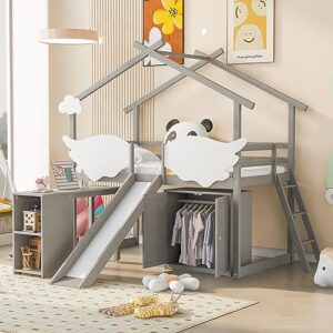 dnyn twin size house bed with storage shelves & pullable desk & wardrobe & slide for kids bedroom,wooden bedframe w/ladder & cute shaped fence,perfect for boys and girls,space saving design, gray
