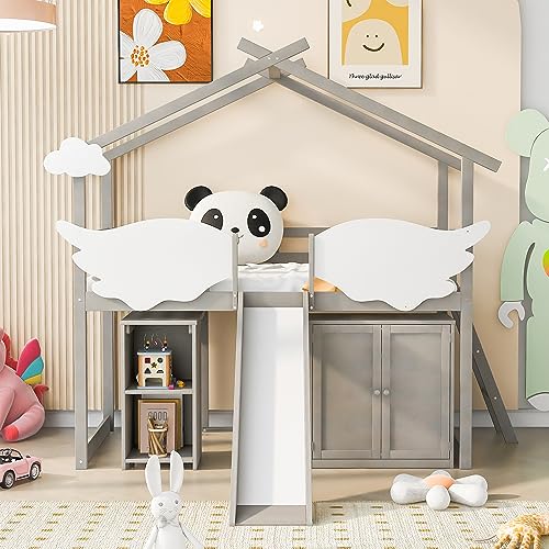 DNYN Twin Size House Bed with Storage Shelves & Pullable Desk & Wardrobe & Slide for Kids Bedroom,Wooden Bedframe w/Ladder & Cute Shaped Fence,Perfect for Boys and Girls,Space Saving Design, Gray