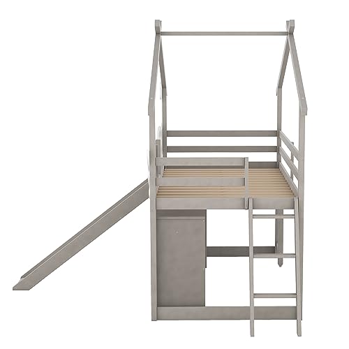 DNYN Twin Size House Bed with Storage Shelves & Pullable Desk & Wardrobe & Slide for Kids Bedroom,Wooden Bedframe w/Ladder & Cute Shaped Fence,Perfect for Boys and Girls,Space Saving Design, Gray