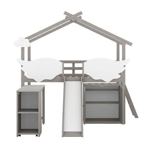 DNYN Twin Size House Bed with Storage Shelves & Pullable Desk & Wardrobe & Slide for Kids Bedroom,Wooden Bedframe w/Ladder & Cute Shaped Fence,Perfect for Boys and Girls,Space Saving Design, Gray