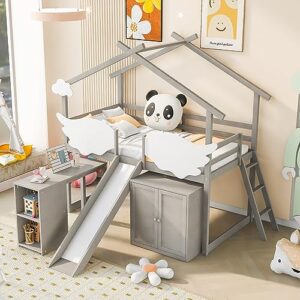 DNYN Twin Size House Bed with Storage Shelves & Pullable Desk & Wardrobe & Slide for Kids Bedroom,Wooden Bedframe w/Ladder & Cute Shaped Fence,Perfect for Boys and Girls,Space Saving Design, Gray