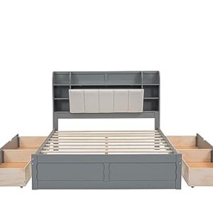 DNYN Queen Size Platform Bed with Storage Shelves & 4 Drawers & Upholstery Headboard Design,Multifunctional Wooden Bedframe w/Wood Slat Support,Super Save Space,Perfect for Bedroom,Guest Room, Gray