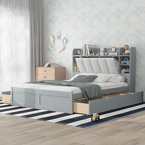 DNYN Queen Size Platform Bed with Storage Shelves & 4 Drawers & Upholstery Headboard Design,Multifunctional Wooden Bedframe w/Wood Slat Support,Super Save Space,Perfect for Bedroom,Guest Room, Gray