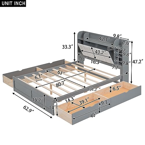 DNYN Queen Size Platform Bed with Storage Shelves & 4 Drawers & Upholstery Headboard Design,Multifunctional Wooden Bedframe w/Wood Slat Support,Super Save Space,Perfect for Bedroom,Guest Room, Gray