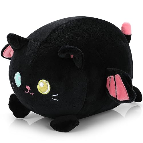 Black Cat Plush Pillow with Luminous Eyes, 10in Stuffed Animals Cute Black Kitten, Strip Soft Plushies Hugging Plush Squishy Pillow Toy Gifts for Kids Birthday Party Bedding Sleeping