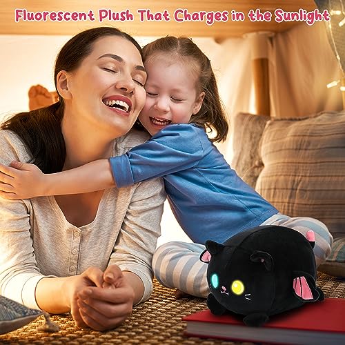 Black Cat Plush Pillow with Luminous Eyes, 10in Stuffed Animals Cute Black Kitten, Strip Soft Plushies Hugging Plush Squishy Pillow Toy Gifts for Kids Birthday Party Bedding Sleeping