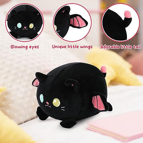 Black Cat Plush Pillow with Luminous Eyes, 10in Stuffed Animals Cute Black Kitten, Strip Soft Plushies Hugging Plush Squishy Pillow Toy Gifts for Kids Birthday Party Bedding Sleeping