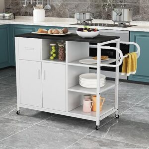 zllquwr kitchen island cart on wheels with storage cabinet drawers rolling kitchen island with lockable casters cart handle open shelves towel rack microwave stand for dining room living room white