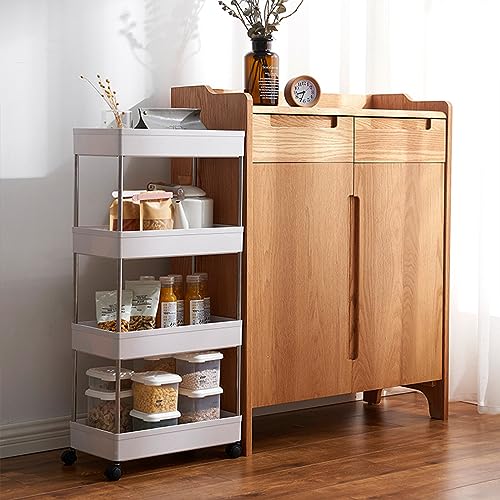 Camidy Rolling Storage Cart, 4-Tier Bathroom Organizer Utility Cart Laundry Room Organization Mobile Shelving Unit with Hooks, Lockable Wheel for Kitchen Bedroom Office