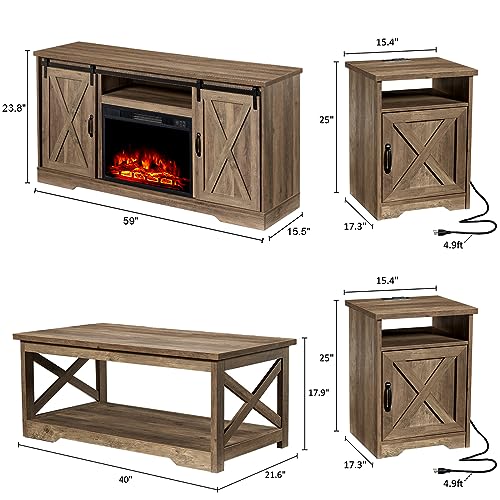 AMERLIFE 5-Piece Farmhouse Table Set Includes Fireplace TV Stand, Coffee Table& Two End Tables with Charging Station and USB Ports, for Living Room, Barnwood