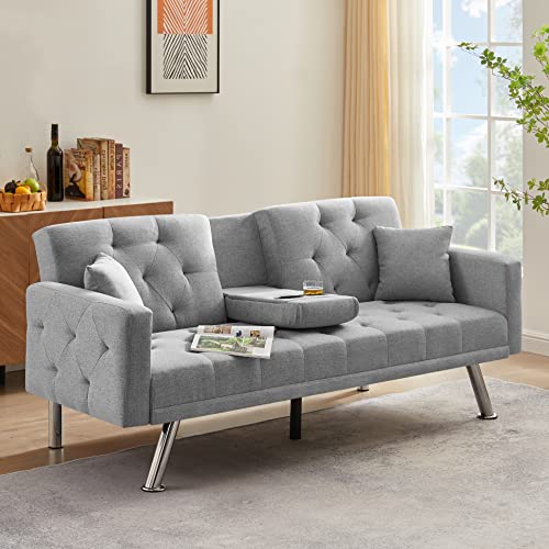 Eafurn Linen Upholstered Convertible Folding Futon Sofa Bed, Button Tufted Loveseat Couches for Compact Living Space, Apartment, Dorm, Bonus Room w/Metal Legs, 2 Cupholders,Comfy Sofa & Couches, Grey