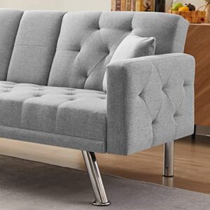 Eafurn Linen Upholstered Convertible Folding Futon Sofa Bed, Button Tufted Loveseat Couches for Compact Living Space, Apartment, Dorm, Bonus Room w/Metal Legs, 2 Cupholders,Comfy Sofa & Couches, Grey