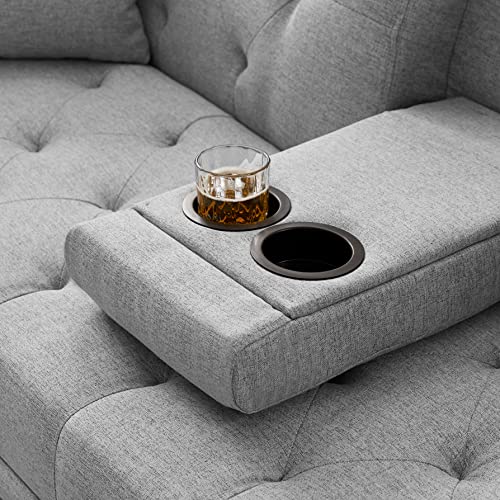 Eafurn Linen Upholstered Convertible Folding Futon Sofa Bed, Button Tufted Loveseat Couches for Compact Living Space, Apartment, Dorm, Bonus Room w/Metal Legs, 2 Cupholders,Comfy Sofa & Couches, Grey