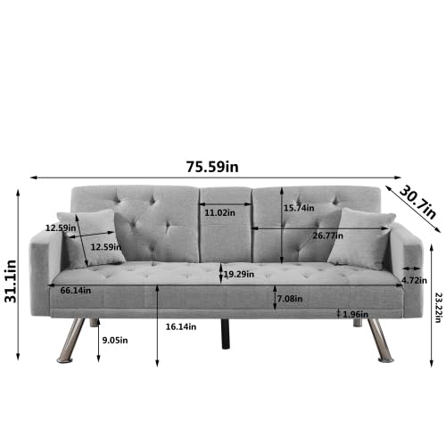 Eafurn Linen Upholstered Convertible Folding Futon Sofa Bed, Button Tufted Loveseat Couches for Compact Living Space, Apartment, Dorm, Bonus Room w/Metal Legs, 2 Cupholders,Comfy Sofa & Couches, Grey