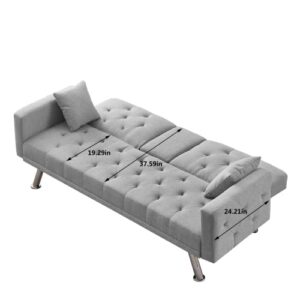 Eafurn Linen Upholstered Convertible Folding Futon Sofa Bed, Button Tufted Loveseat Couches for Compact Living Space, Apartment, Dorm, Bonus Room w/Metal Legs, 2 Cupholders,Comfy Sofa & Couches, Grey