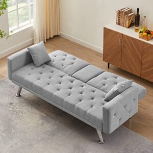 Eafurn Linen Upholstered Convertible Folding Futon Sofa Bed, Button Tufted Loveseat Couches for Compact Living Space, Apartment, Dorm, Bonus Room w/Metal Legs, 2 Cupholders,Comfy Sofa & Couches, Grey