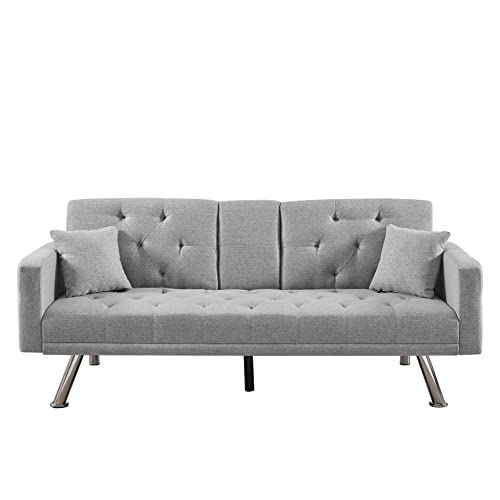 Eafurn Linen Upholstered Convertible Folding Futon Sofa Bed, Button Tufted Loveseat Couches for Compact Living Space, Apartment, Dorm, Bonus Room w/Metal Legs, 2 Cupholders,Comfy Sofa & Couches, Grey