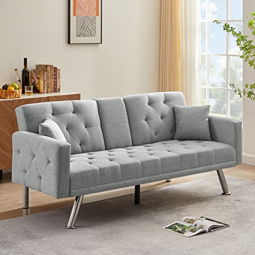 Eafurn Linen Upholstered Convertible Folding Futon Sofa Bed, Button Tufted Loveseat Couches for Compact Living Space, Apartment, Dorm, Bonus Room w/Metal Legs, 2 Cupholders,Comfy Sofa & Couches, Grey