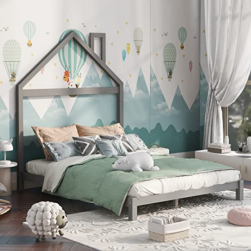 BIADNBZ Full Size Platform Bed Frame with House-Shaped Headboard for Kids Boys Girls Bedroom, Wooden Slats Support, No Box Spring Needed, Gray