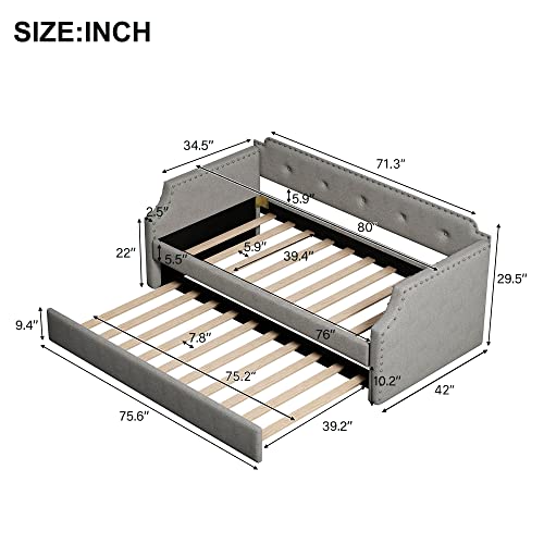 BIADNBZ Solid Wooden Twin Size Daybed with Trundle, Upholstered Sofa w/2 Arms, Wood Slat Support Platform Beds for Kids Teens, No Box Spring Needed, Gray