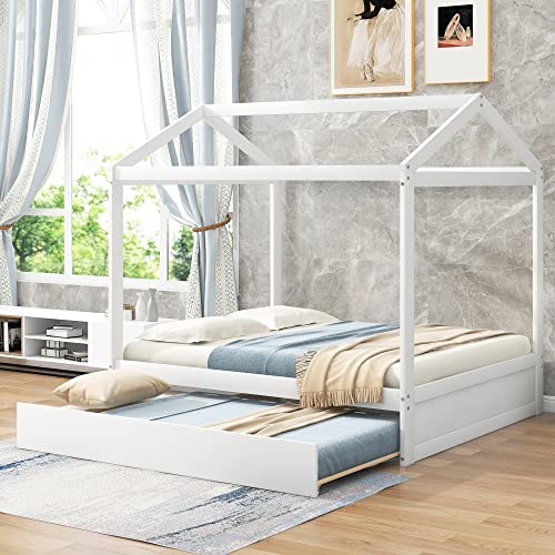 BIADNBZ Full Size House Platform Bed Frame with Trundle and Support Legs for Kids Bedroom, Wooden Playhouse BedFrame, Easy Assembly,White